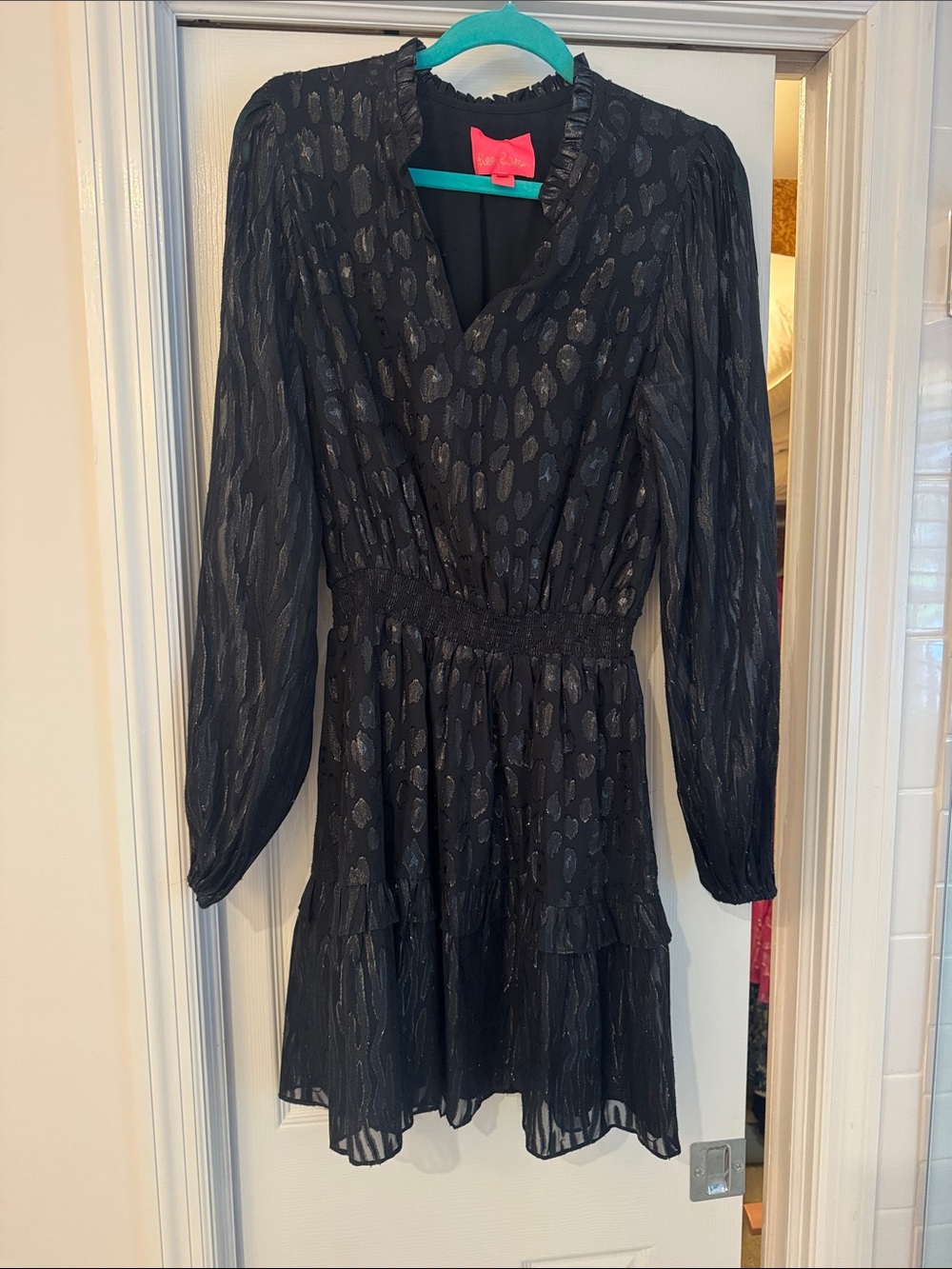 Lilly Pulitzer Black Metallic-Print Long-Sleeve Tiered Dress